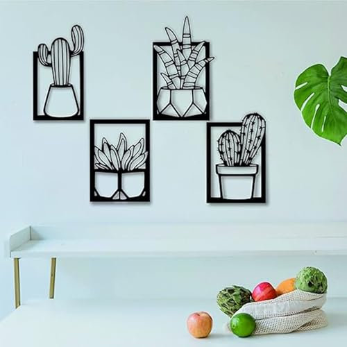LLSZAHD Decorazione Murale in Metallo Set di 4, Minimalista Astratta Cactus Scultura da Parete, Quadretti da Parete in Nero, per Soggiorno, Camera da Letto, Bagno, Cucina, Ufficio