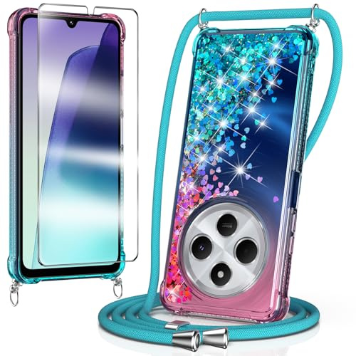 WQRTYJK Funda para Xiaomi Redmi 14C con Cuerda, Verde/Rosa | con Protector de Pantalla Cristal Templado, Anti-Choques Líquida Transparente Glitter Carcasa, Correa Colgante Ajustable