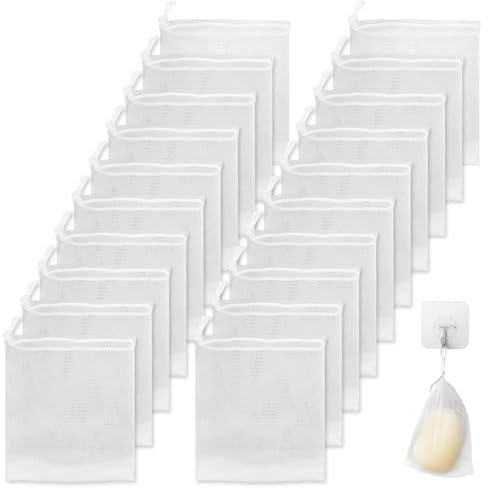 40 PCS Soap Saver Bag, Exfoliating Mesh Soap Saver Pouch Bags, Bubble Mesh Net Bags with Drawstring, Easy to Store, for Shower, Face Cleansing, White