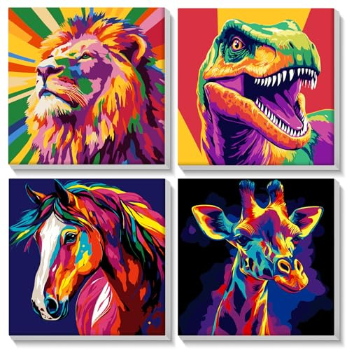 AIRDEA 4 Stück Pop Neon Tier Malen nach Zahlen Erwachsene Anfänger, DIY Gemäide Bastelset Ölgemälde Kit, Paint by Numbers mit 12-Pinseln und 4 Sätze Acrylfarben 20x20 cm (Gerahmt)