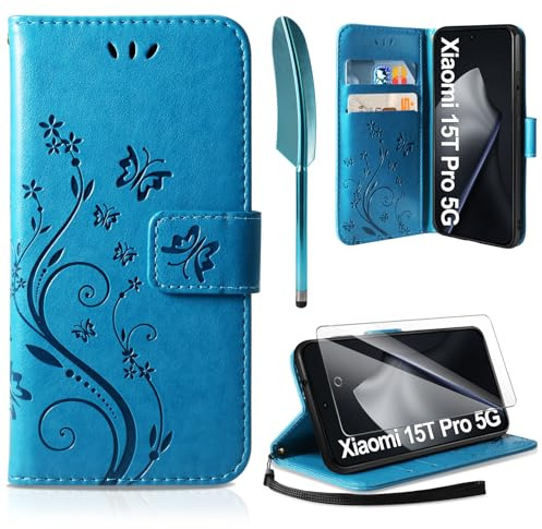 AROYI Lederhülle Kompatibel mit Xiaomi 15T Pro 5G Hülle und Schutzfolie, Flip Wallet Handyhülle PU Leder Case Kartensteckplätzen Schutzhülle Kompatibel mit Xiaomi 15T Pro 5G Blau