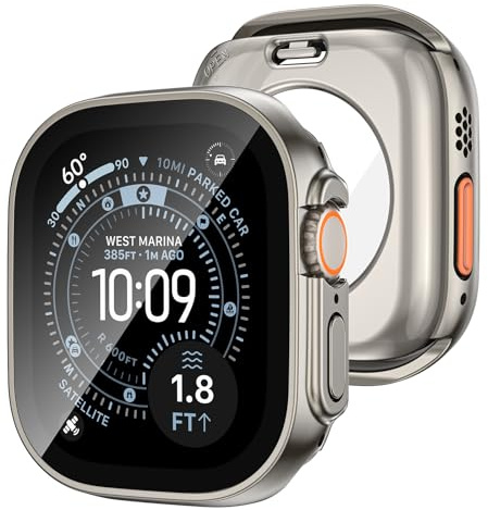 HWeggo [2 in 1] wasserdichte Hülle für Apple Watch Series Ultra 3/Ultra 2/Ultra 49 mm Zubehör, 360° vorne und hinten, iWatch PC-Frontabdeckung mit gehärtetem Glas für Damen und Herren, 49 mm Titan