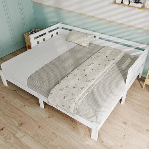 Mielvu Daybett Tagesbett,Ausziehbar Bett,Kiefer massiv, mit 2. Schlafgelegenheit und Rollrost Herzform Bett Weiß (90 * 200cm)