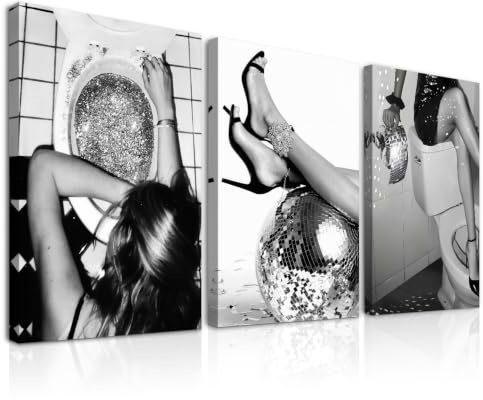 Dazzlewall 3-teiliges Disco Ball Wandbild Set, Schwarz Weiß Retro Poster für Badezimmer Toilette 30x40cm Ohne Rahmen