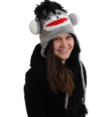 BRUBAKER Unisex Tiermütze Strickmütze Esel mit Langen Bommeln und Haaren Grau