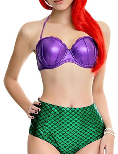 MissFox Femmes Sirène Maillots De Bain Bikinis Push Up en Deux Pièces Maillot Bandeau Violet Vert XL