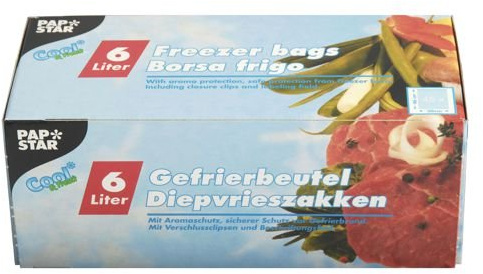 Papstar Gefrierbeutel / Tiefkühlbeutel (45 Stück) aus LLDPE-Folie, 46 x 30 x 46 cm, 6 l, mit Verschlussclips und Beschriftungsfeld, geeignet für Lebensmittel jeder Art #14159