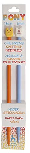 Pony Children's Coloured Knitting Pins: Single-Ended: Plastic: 18cm x 6.00mm: Orange/Blue, Multi, 5.1 x 4 x 24.05 cm