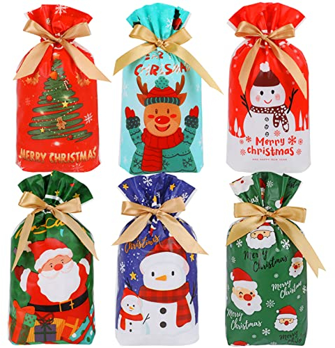 HOWAF Weihnachten Geschenktüte, 30 Stück Weihnachten Süßigkeiten Tüten Wiederverwendbare Kordelzug Partytüten Kleine Weihnachtstüten Kekstüten Geschenk Taschen plätzchentüten für Kinder Verpacken