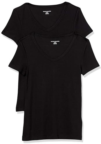 Amazon Essentials Camiseta de Cuello en Pico de Manga Corta y Ajuste Entallado Mujer, Pack de 2, Negro, S