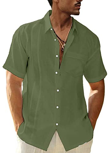 LVCBL Mens Linen Shirt Regular-Fit Short-Sleeve Shirt with Pockets Army Green 2XL