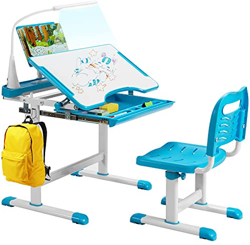 GYMAX Children's Desk and Chair Set, Height Adjustable Kids Table with Chair, Tilt Desktop, LED Light, Storage Drawer & Book Stand, Study Furniture Set for Girls Boys (Blue)