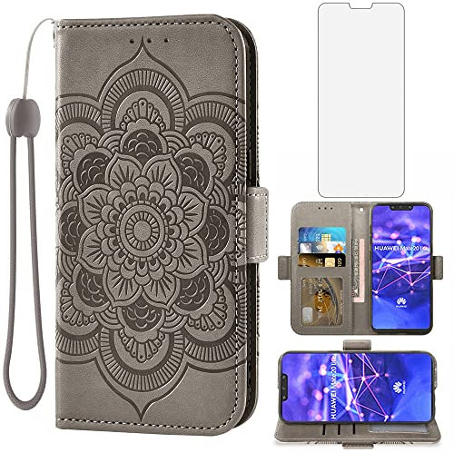 Asuwish Funda para Huawei Mate 20 Lite con Cristal Templado Protector Pantalla Vidrio Pelicula Protectora Libro Cuero Piel Tarjetero Soporte Hawaii Mate20 20Lite SNE-LX1 Tapa Carcasa Capa Case Gris