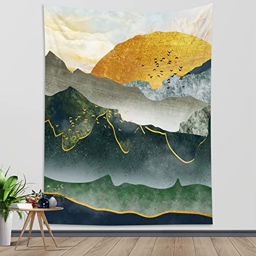 LB Wandteppich Abstrakter Berg Wandtuch Goldener Sonnenuntergang Wandbehang Geometrischer Marmor Tapisserie für Wohnzimmer Schlafzimmer Wohnheim Wanddeko,150x200cm