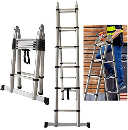 3,8m(1,9+1,9) Teleskopleiter Ausziehleiter Edelstahlleiter A-Rahmen Klappleiter für Wohnmobil/Dachboden/Büro/Warenhaus Mehrzweckleiter leicht zu tragen 150 Kg Belastbar