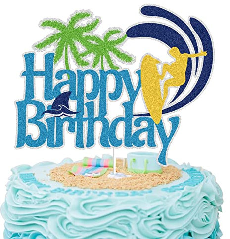 Surfing Happy Birthday Cake Topper Summer Beach Blue Glitter Surfboard Cake Decor Surf's Up Summer Hawaii Holiday Birthday Party Favor Supplies