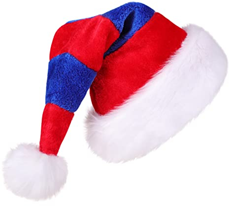 CITÉTOILE Weihnachtsmütze Nikolausmütze für Erwachsene Warm Weihnachtsmann Mütze Santa Clause Mütze mit Komfort Soft Liner Weihnachtsmützen Familie Dicker Fellrand aus Plüsch, Streifen Rot&Blau