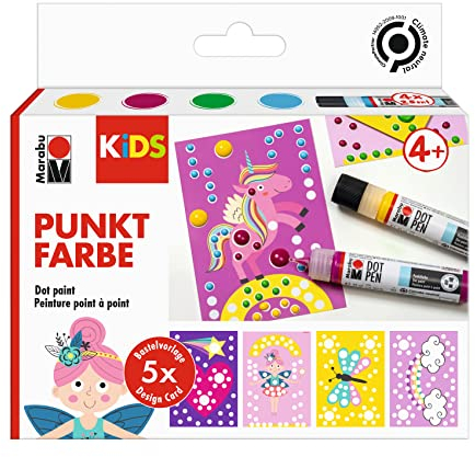 Marabu 0311000000103 - KiDS Dot Pen Set Einhorn 4 x 25 ml, Punktfarbe auf Wasserbasis für dotting Technik, trocknet matt und erhaben auf, für bunte Bildgestaltung mit der Dot Painting-Technik