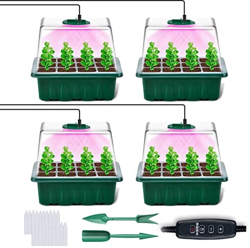 YAUNGEL Bandejas Semillero, 4 Piezas Mini Invernadero Germinador de Semillas con Controlador de Tiempo y Brillo Ajustable Luz de Semillas, Bandejas de Germinación Reutilizables, Verde