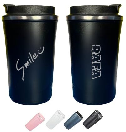 Taza Termo Smile Happy Bottles | Taza frase | Taza nombre Opcional | Taza térmica | Café para llevar | Acero inoxidable | Bebidas caliente 6 h Bebida fría 12 h | Multicolor | 380ml (Negro)