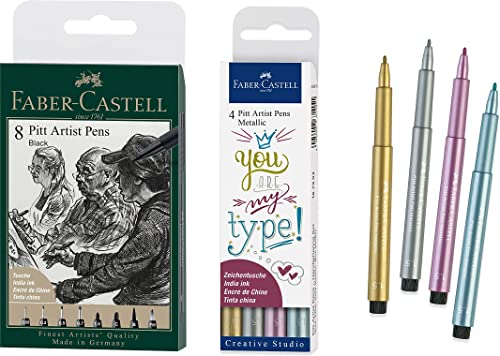 Faber-Castell 167158 - Tuschestift Pitt Artist Pen, Farbe 199, schwarz, XXS, S, F, M, B, C, 1.5, Fude hard, 8er Etui + Tuschestift Pitt Artist Pen Metallic, 4er Etui