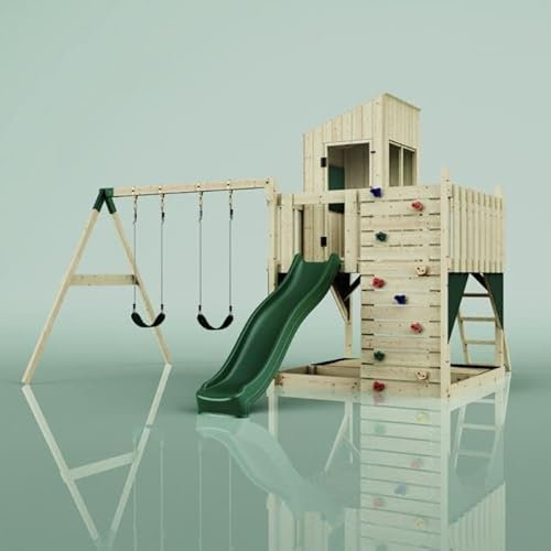 Rebo® PolarPlay Kids Climbing Tower and Playhouse - Swing Kari Green | OutdoorToys | Wooden Climbing Frame and Wendy House with Climbing Wall, Slide and Sandpit