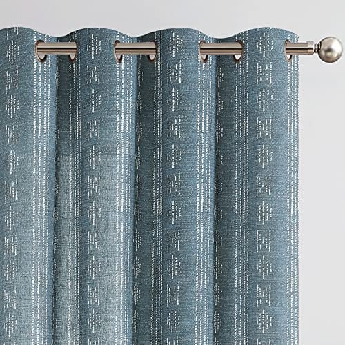 COLLACT Boho-Vorhänge, Leinenvorhänge, blau, geometrisch, gestreift, Bedruckt, 160 cm Länge, für Wohnzimmer, Bauernhaus, rustikale gemusterte Vorhänge, Lichtfilterung, Ösen, Fensterbehandlungen, 2