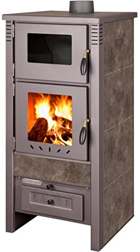 ProTermo Taurus Mokka Kaminofen mit Backfach – 12kW Heizleistung - Holzofen mit Schamottstein 52 x 50 x 107cm 2 Sichtfenster Werkstattofen - Bauart 1