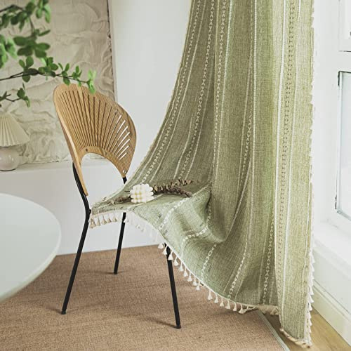 Sutuo Home Boho-Vorhang für Schlafzimmer, Wohnzimmer, Küche, halbverdunkelnd, französisches Landhaus, Vintage, Leinen, Shabby Chic, Quasten, hohl, Fensterbehandlung, 1 Vorhang 132 cm Bx160 cm L, Grün