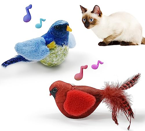 LEWISER Cat Toys Chirping Tit 2 Pcs with Catnip SilverVine, Suitable for Cat Wand Toys, Simulation Bird Design, Interactive Toys for Indoor Kitty Kitten Exercise, Red and Blue