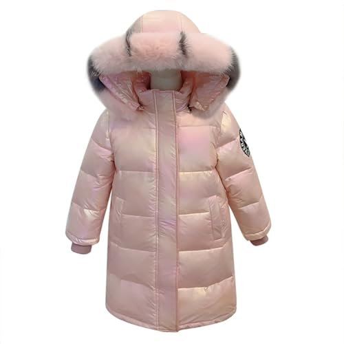 linboo Fille Manteau Longue Doudoune Chaud Veste Enfant Hiver Epais Blouson à Capuche Fourrure Matelassé Parka Lumineux, Rose, 11-12 ans