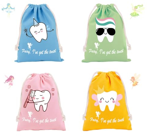 Zahnfee Geschenktüten Zahnfeegeschenktüten Kissenbeutel für Jungen und Mädchen 4er-Pack, Zahnfee Boxen zum Unter-das-Kissen-Legen Milchzahnbehälter Box Halter Andenken Geschenke Kinder