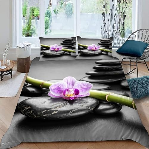MEVASA Bettwäsche 135x200 Zen-Stein Orchidee Bettwäsche-Set 3 Teilig 3D-Druck Grau Bettbezug 135x200 mit Reißverschluss Weiche Mikrofaser Kinderbettwäsche mit 2 Kissenbezug
