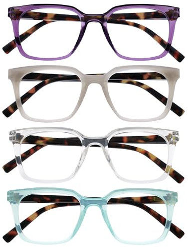 OPULIZE KOI Lunettes de Lecture Lot de 4 - Large Monture Rectangulaire - Violet/Gris/Transparent/Turquoise - Hommes Femmes - Charnières à Ressorts - RRRR50-57CQ - +1.50