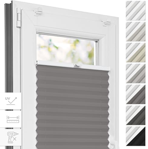 Estika Thermo Plissee ohne Bohren - 105 x 200 cm - Farbe: Grau - Fensterrollos für innen, Plissee Verdunklung, Plissee Blickdicht, Rollos für Fenster ohne Bohren