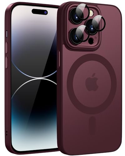 KPPIT for iPhone 14 Pro max case Compatible with MagSafe,Translucent Matte Back Camera Lens Full Protection Slim Shockproof Phone Cover,Magnetic Case for iPhone 14 Pro max 6.7-Plum Red