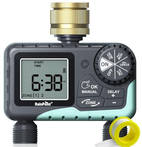 RAINPOINT Water Timer 2 Outlets, Automatic Irrigation Timer with Brass Swivel, Rain Delay/Manual Watering, Garden Sprinkler Hose Faucet Timer for Yard, Lawn