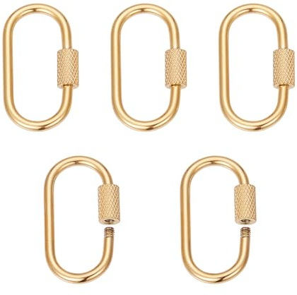 NICENEEDED 5 Pcs Brass Screw Locking Carabiner, Oval Necklace Lock Clip Charms, 18K Gold Plated Locking Clasp Hook Closure Connector Fastener for Necklaces Bracelet Jewelry Making, 25x15mm