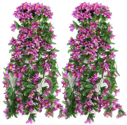 MytaYt 2 Stöcke Künstliche Blumen Hängend Hängeblumen Künstlich Blume Hängend Künstlicher Efeu Kunstblumen Lilie für Outdoor Heimdekoration Garten-70CM lila Lilie 5-Blättrige Blüte