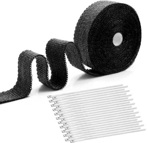 12M Hitzeschutzband Auspuff Dichtband Hitzeschutz Auspuff Bandage mit 20 Kabelbinder Edelstahl Hitzeschutzband Selbstklebend für Fächerkrümmer Thermoband Krümmerband Auto Motorrad Auspuff (Schwarz)