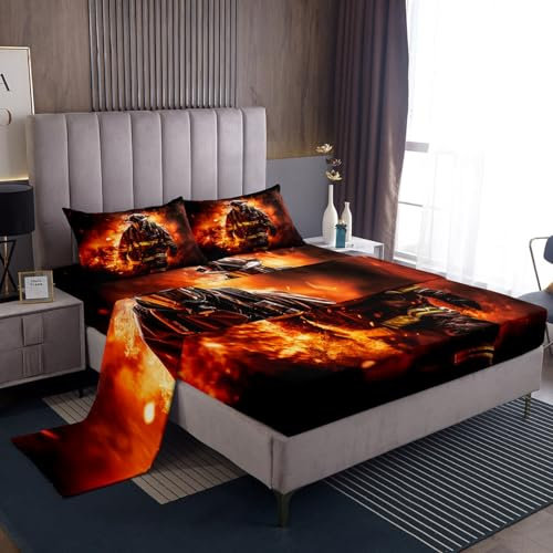 Feuerwehr-Bettwäsche-Set für Doppelbett, realistische Flamme, Feuerbekämpfung, weiche Mikrofaser, für Schlafzimmer, Dekoration, alle Jahreszeiten, Vintage-Landdekor, Spannbetttuch + Bettlaken + 1