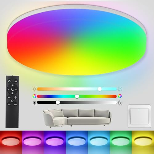 Oraymin Deckenleuchte Dimmbar mit Fernbedienung 36W, 3600LM RGB Farbwechsel LED Lampe, 3000K-6500K Rund Deckenlampe für Jugendzimmer/Wohnzimmer/Badezimmer, Wasserdicht IP54, Ø33cm