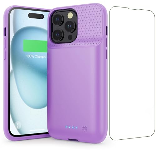Feob Coque Batterie pour iPhone 15 Pro Max【Charge Rapide 15W & Puissant 8600mAh】Coque Rechargeable Batterie Externe Chargeur Portable Coques d'alimentation pour iPhone 15 Pro Max (6,7 Pouces) -Violet