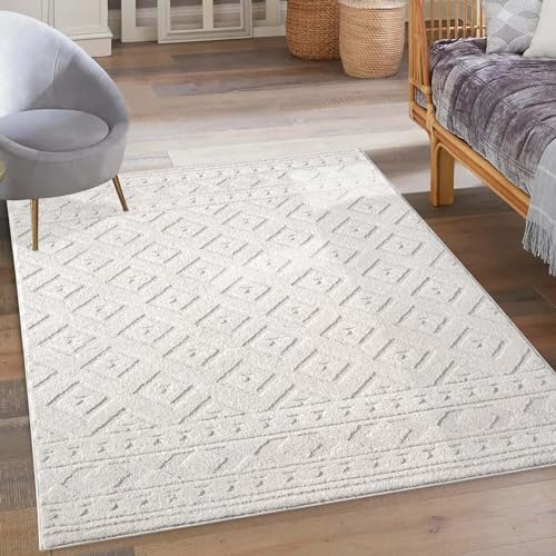 carpet city Kurzflor Teppich Creme - 140x200 cm - Wohnzimmer-Teppiche Hochtief-Muster, 3D-Effekt - Raute-Muster - Flachflor Bodenbelag, Deko Schlafzimmer