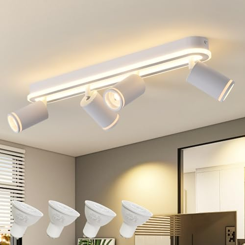 SANSHI Deckenleuchte 4 Flammig LED,Schwenkbar 350°Deckenstrahler,Deckenlampe mit unteres Glühen 36W+4x5W GU10 Spots,Modern Deckenspot Strahler 3000K Warmweiß,Spotlight Lampe für Wohnzimmer,Küche,Weiß