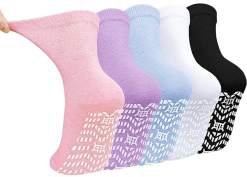 PUTUO Chaussettes Antidérapantes Sans Élastique pour Femme Chaussettes Anti Dérapantes en Coton Non Comprimantes Amples Socquettes Mi-mollet Multicolore 39-42 5 Paires