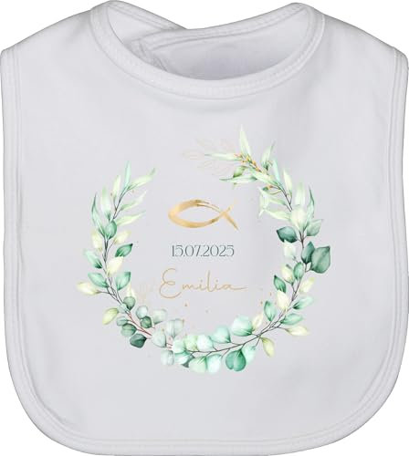 Baby Lätzchen - Geschenk Taufe Fisch Motiv Eukalyptuskranz | Taufgeschenk mit Name und Datum - Unisize - Weiß - konfirmation taufe taufgeschenke zur kommunion