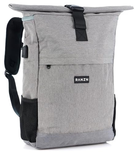 RANZN® – London – Premium Rucksack Herren & Damen, Rolltop Freizeit-Rucksack mit USB-Ladebuchse, Wasserabweisend, Diebstahlsicherung, Wanderrucksack, Backpack mit Laptopfach, Grau