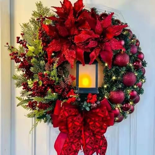 Pesoncarl Artificial Christmas Wreath, 18in Red with Flowers, Balls, Bow, Berries & Built-in Lamp for Front Door, Wall, Window
