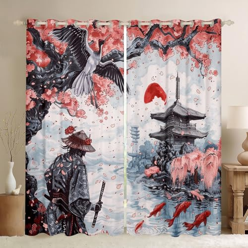 Homemissing Japanese Samurai Window Drapes Treatments Red Cherry Blossoms Curtains for Kids Boys Girls Japanese Crane Window Drapes Japan Ukiyoe Window Treatments, W66*L90L,2 Panels,Blackout